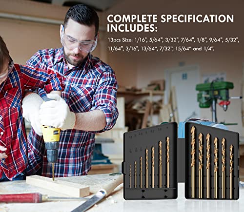 MACXCOIP 13-Piece M35 Cobalt Drill Bit Set, Multi-Size Jobber Length 1/16-1/4"