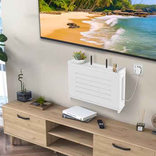 Router Shelf Wall Mount WiFi Router Storage Box Modem Cable Router Cover Organized Power Strip Cable Management Hider Rack by Solid Wood Need Assembly White
