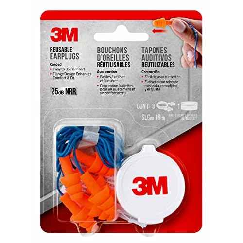 3M Corded Reusable Earplugs, 3 Pack, Noise Reduction Rating (NRR) 25 dB, Easy To Use & Insert, Pliable & Tri-Flange Design Enhances Comfort & Fit, Orange Ear Plugs (90716H3-DC)