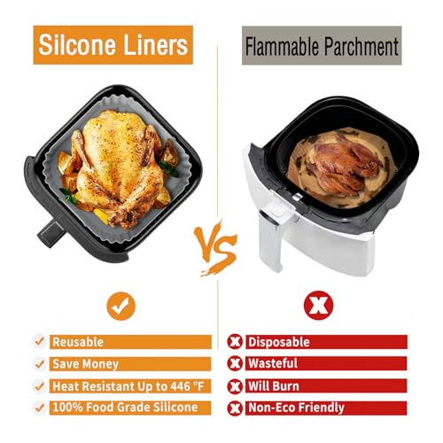 Lyholkeer 2Pcs Silicone Air Fryer Liners 7.8in For 4-4.5QT Grey+Black (With Dual Handles)