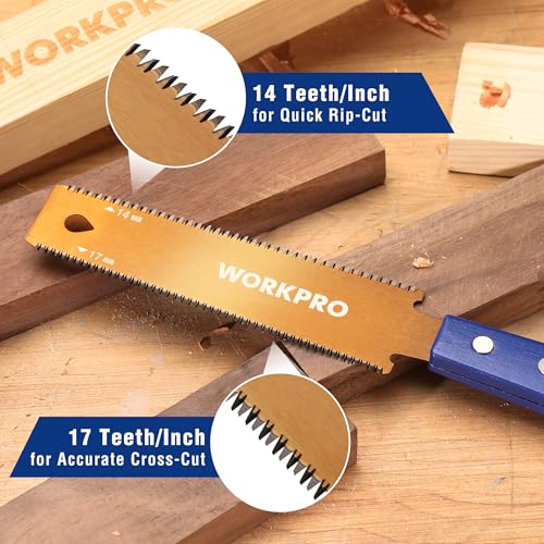 WORKPRO 6 Inch Japanese Pull Saw, Double-Edged Hand Saw for Wood Cutting with 14&17 TPI, SK5 Flexible Blade Flush Cut Saw with Non-Slip Beech Handle, Narrow Head for Fine Woodworking