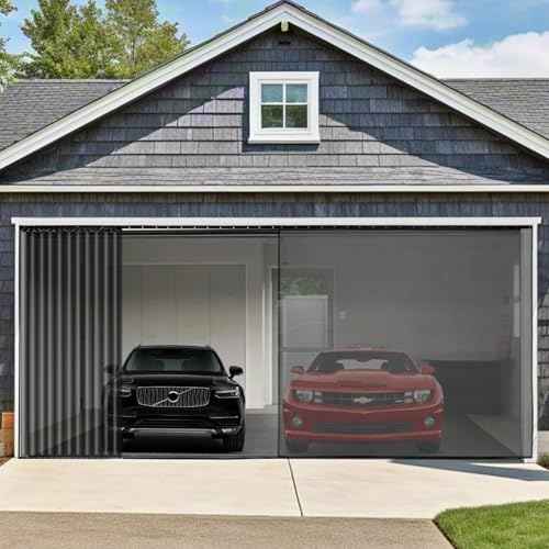 Sliding Garage Door Screen with Track for 2 Car,16 * 7 FT Garage Screen Door Retractable Privacy Garage Door Curtain Keep Annoying Animals Out,Heavy Duty Fiberglass Mesh Sliding Garage Screen