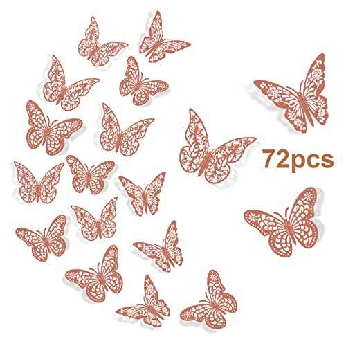 3D Butterfly Wall Decor, 72 Pcs, 3 Styles, 3 Sizes, Rose Gold Butterflies for Party, Birthday, Cake Decorations, Removable Stickers for Wedding Room Flower Decor