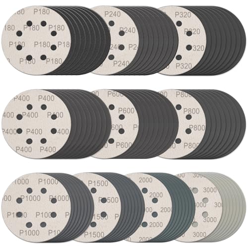 Rvetol 100Pcs 5 Inch Wet Dry Sanding Discs Grit 180-3000 Assortment
