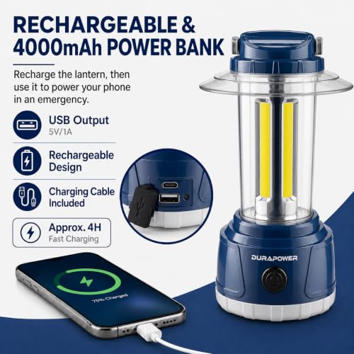 Durapower AM20-1363 Rechargeable LED Camping Lantern 2000 Lumen, 5 Modes, IP44 Waterproof, Power Bank