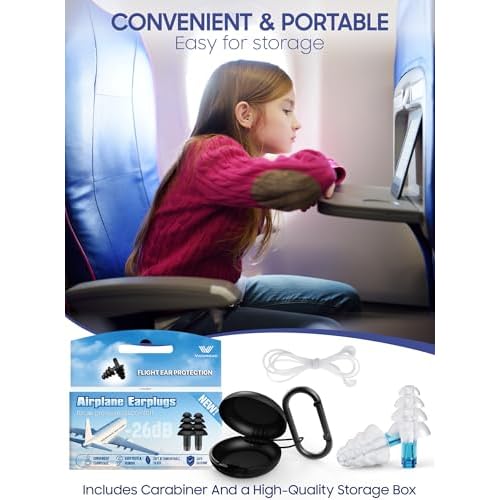 Ear Plugs for Airplane Pressure Relief, Kids 6+, Adults/Small Canal Reusable Airplane Earplugs 26dB, with Silicone Connector Cord, Travel Essentials for Flying, Ear Protection Earplugs