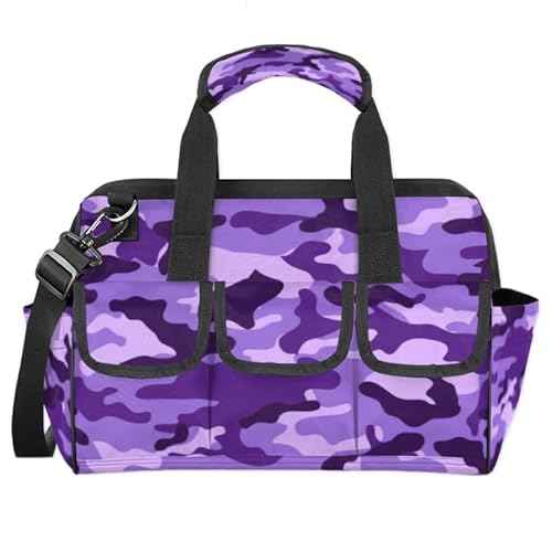 Purple Camouflage Tool Bag for Men Women Multi-Pockets Wide Mouth Tool Storage Bags 14.8 Inch Waterproof Heavy Duty Tool Bag Organizer for Electrician Mechanic Plumbers Handymen
