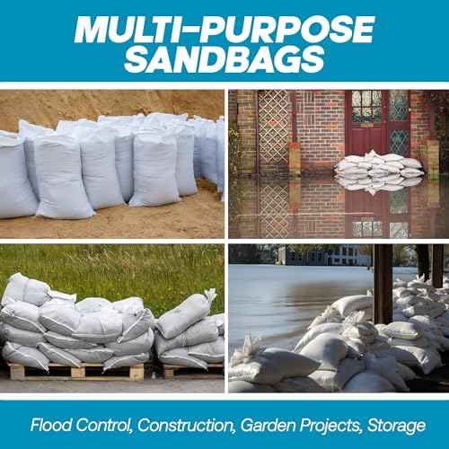 Sand bags with Ties 14" x 26" (Pack of 10) - Sand bags for Flooding, Woven Polypropylene Sandbags, 50 lbs Capacity, 14x26 inches, White