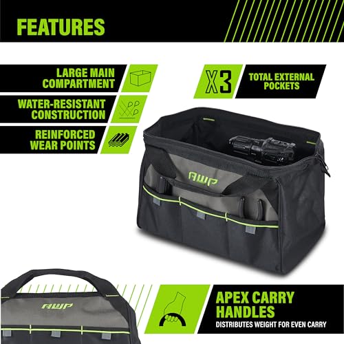 AWP 15 Inch Premium Tool Bag Black Durable Organizer for Contractors and Professionals
