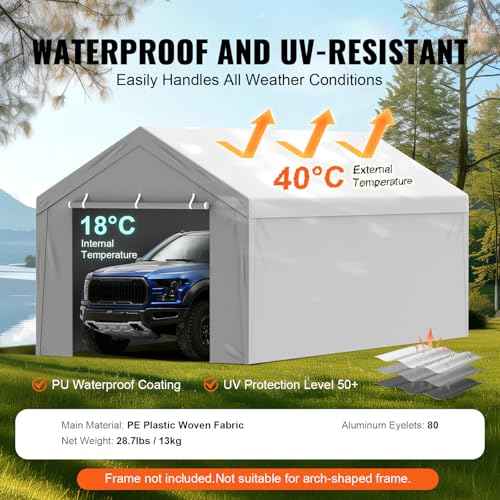 VEVOR Carport Replacement Canopy Cover Top + Side Wall 10 x 20 ft, Garage Tent Shelter Tarp Heavy-Duty Waterproof & UV Protected, Easy Installation with Ball Bungees,Grey (Frame Not Included)