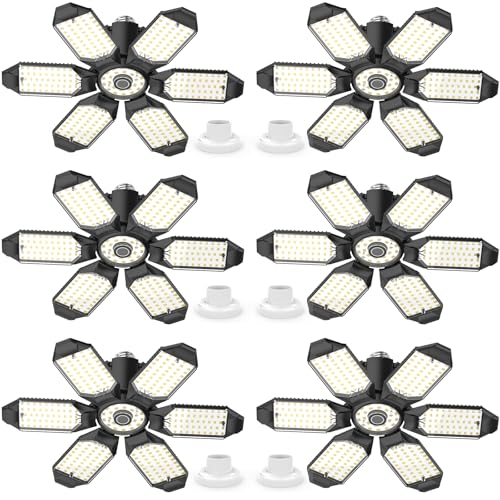 LUCORUSC 6 Pack LED Garage Lights 200W Deformable Ceiling Shop Lights, E26/E27, 6500K, 20000LM, Bright Workshop Basement Attic