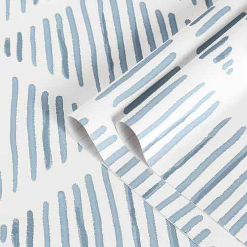 Blue and White Peel and Stick Wallpaper Modern Stripe Contact Paper 157¡± Boho Textured Geometric Self Adhesive Wallcovering Removable Vinyl Roll for Bedroom Cabinets Decor