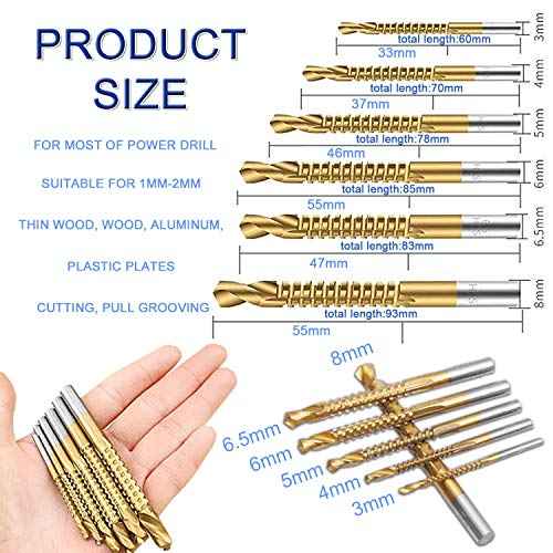 Titanium Coated HSS Twist Drill Bits - 6pcs 3-8mm Serrated Grooving Cutting Carpenter Side Cutting Tap Spiral Saw Drill Bit Woodworking Wood Metal Plastic Hole Holesaw Tool