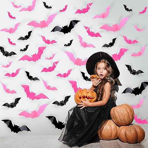 Whaline 224Pcs Halloween Wall Decoration 3D Bats with Foam Adhesive Black Pink Rose Red Waterproof Spooky Bats Stickers Hocus Pocus Party Supplies for Halloween Home Wall Window Door Decor, 4 Sizes