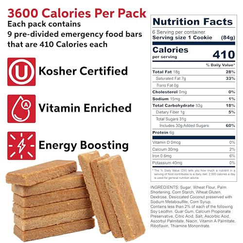 SOS Emergency Food Bars 3600 Calorie Shortbread Cookie - 3 Day Survival Supply, 5-Year Shelf Life, Individual Pack