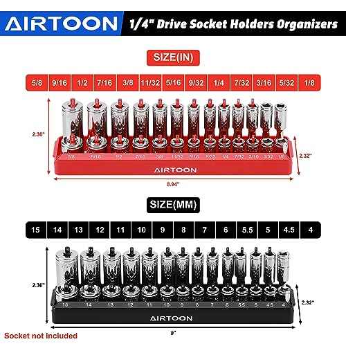 AIRTOON 8-Piece Socket Organizer Trays, SAE and Metric Socket Tray Set, 1/4", 3/8", and 1/2" Drive Deep and Standard Socket Holders Organizers for Toolbox, Black & Red