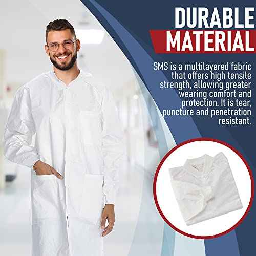 Pack of 10 Disposable Lab Coats - White - With 3 Pockets and Soft Knit Cuffs & Collar | SMS Unisex Knee Length Medical Lab Jacket, For Hospitals, Pharmacies, Labs, Dental Clinics, Painting - Medium