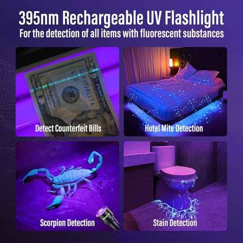RECHOO UV Flashlight Black Light, 21 LED 395nm Ultraviolet Rechargeable Flashlights UV Light, Waterproof Portable BlackLight Flashlights for Pet Urine Detection, Dry Stains, Bed Bug, Fluorescent Agent