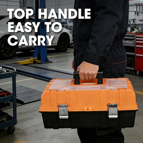 Torin 17-Inch 3-Tier Plastic Tool Box with Tray Dividers, Black/Orange ATRJH-3430T