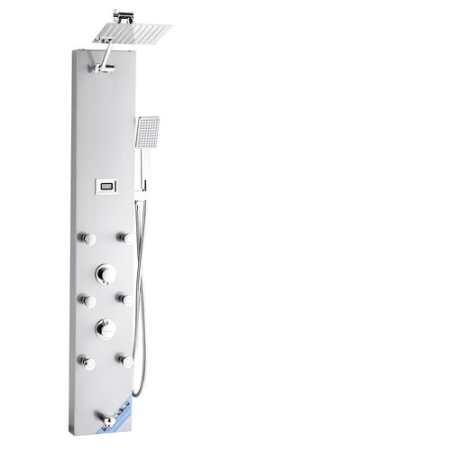 VEVOR Shower Panel Tower System with Rainfall Shower Head, LED, 49 in Brushed Stainless Steel Shower Column, 4-Function Faucet, Wall-Mount Rain Massage System with 6 Body Jets, Handheld, and Tub Spout
