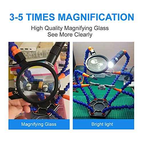 Helping Hand Soldering Third Hands Vise with 6 Flexible Arms LED Flashlight Magnifying Glass Aluminum Base for Soldering, Assembly, Repair, Modeling, Hobby, Crafts, Jewelry Making (Blue)