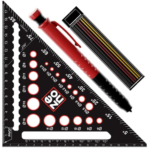 ZENO 7 Inch Carpenter Square 5-in-1 Ruler Protractor Drill Gauge Marking Pen Kit Black-Orange