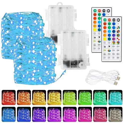 Dazzle Bright Color Changing Fairy Lights Battery Operated, 2 Pack Total 40FT 120LED Silver Copper Wire RGB String Lights with Remote, Waterproof Halloween Decorations for Indoor Outdoor Party Decor