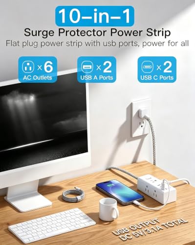 One Beat 5ft Flat Plug Power Strip with Surge Protection, 10 Outlets & USB C - White