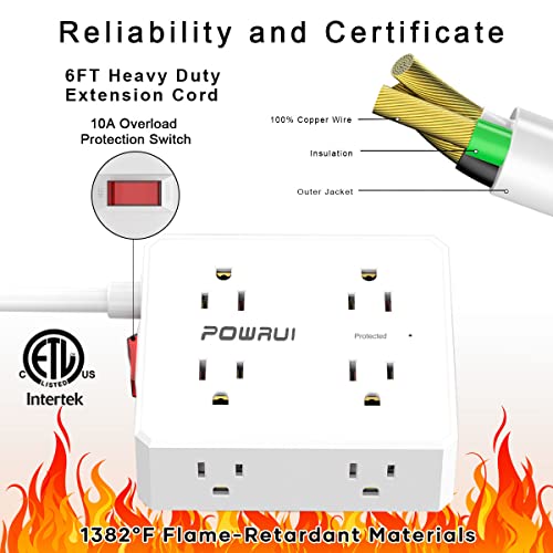 POWRUI 6 Ft White Surge Protector Power Strip with 8 Outlets & 4 USB Ports