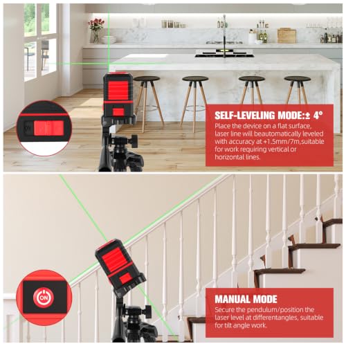 UNCANZEA Deep Red Cross Line Laser Level with 360° Rotatable Tripod & Self-Leveling, Bright Green Laser, 30m Range