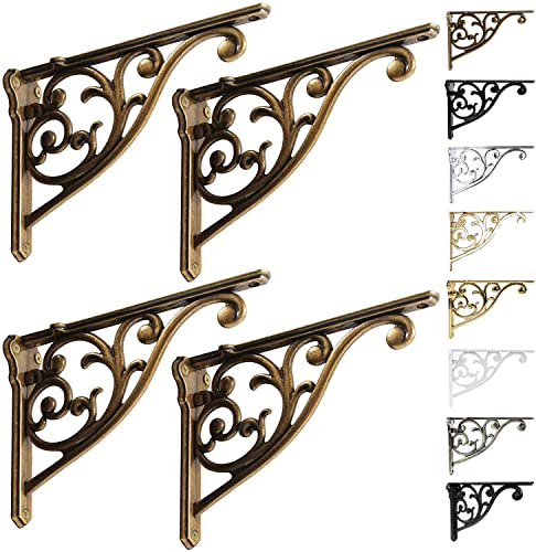 KHTUMEWARE Antique Brass 8-Inch Heavy Duty Wall Shelf Brackets 4-Pack - Victorian Style