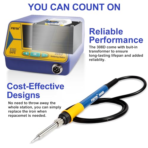 FEITA 308D Soldering Station, Upgraded, 80 Watt Equivalent with 3 Preset Temp, Digital, Auto Sleep, Calibration Support Function, Solder Tips, Lead-free Solder & Cleaning Kit