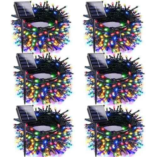Multicolor Solar Christmas Lights Outdoor Decorations Waterproof, Tatal 6 Pack 600LED 198FT Solar String Lights Green Wire with 8 Modes, Christmas Fairy Light for Xmas Tree Party Wedding Garden Decor