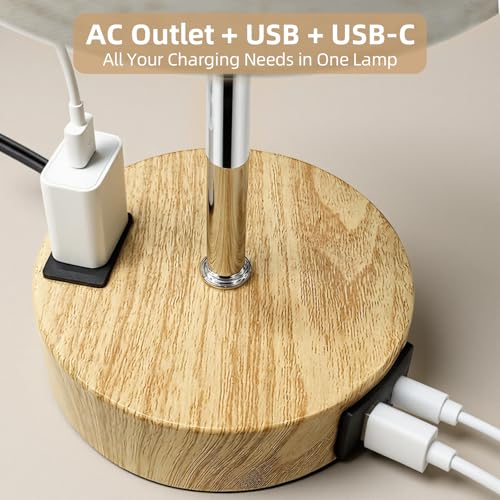 Fitfull Warm Wooden Touch Bedside Table Lamp with USB-C & AC Outlet - Model: Warm&Wooden / 1