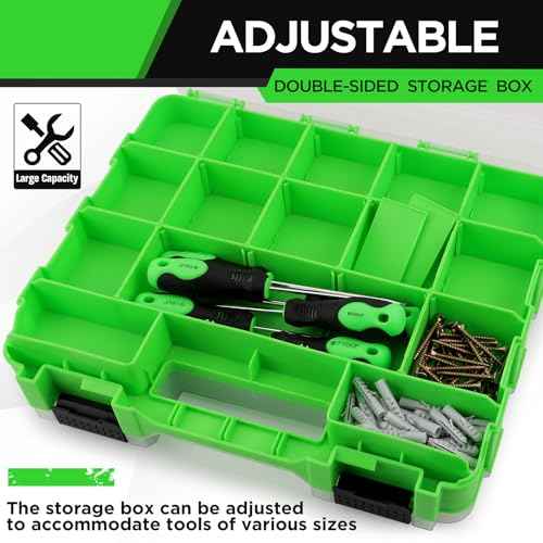 Small Parts Tool Box Organizer, 2-Packs Double-sided 34-Compartment Storage Tool with Removable Dividers, Plastic Storage for Hardware, Screws, Bolts, Nails, Nuts, Jewelry and Fishing Accessories