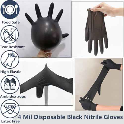 Edith qi Black Nitrile Disposable Gloves Pack of 100, Food Safe, Textured Fingertips, Powder Free Latex Free, Medical Exam Gloves, Medium