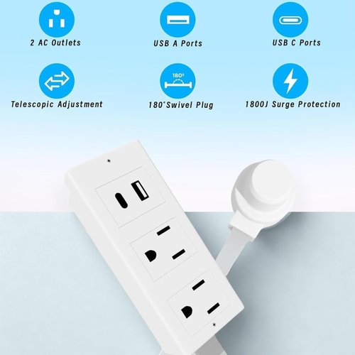 180° Swivel Wall Outlet Extender Stick with 2 AC Plugs & USB-A/USB-C, Extendable Rotating Power Socket Expander (22-34 Inch) for Behind Couches, Furniture - Electrical Plug Extension (1pc)