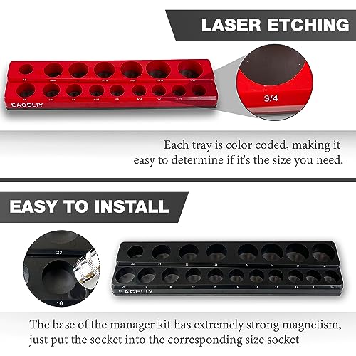 EACELIY Magnetic Socket Organizer Set, 1/2", 1/4" and 3/8" SAE &
