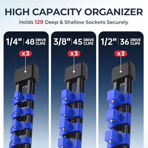 Reniteco 9-Pack Socket Organizer Set - 48/1/4, 45/3/8, 36/1/2 in Rails, Blue Clips