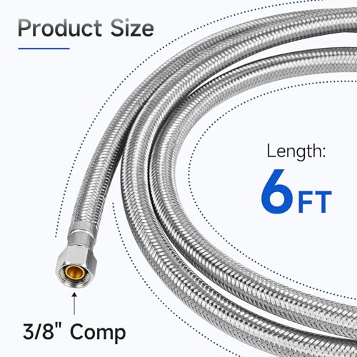 KAINGA 6 ft Dishwasher Water Supply Line - 3/8in Compression, Braided Stainless Steel Burst-Resistant