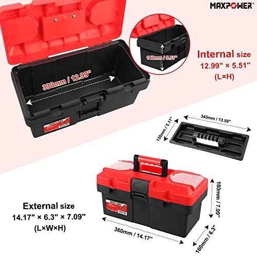 MAXPOWER Small Tool Box, 14-inch Plastic Tool Boxes with Handle, Removable Tray with Dual Lock Secured, Red Toolbox for Home