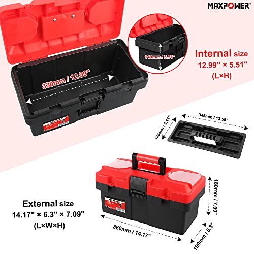 MAXPOWER 14-Inch Small Tool Box with Handle, Red Plastic Toolbox