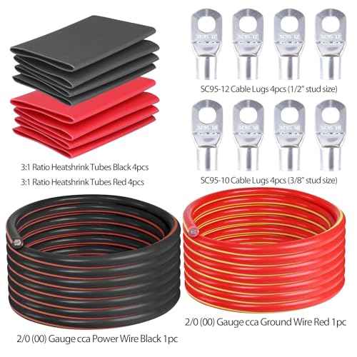 1/0 Gauge Car Battery Cable Kit - 5.5 Feet Each, Black & Red - Copper Clad Aluminum Wire with Lugs & Tubes - Vehicle, Truck, RV, Solar Power Welding Cables