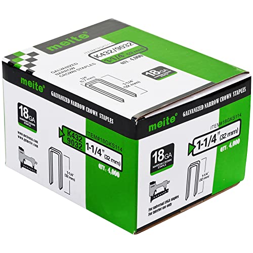 Meite Heavy Duty Galvanized 18 Gauge 1/4-Inch Narrow Crown Staples 1-1/4-Inch, 4000 pcs - Compatible with Staple Guns, Upholstery & Fencing