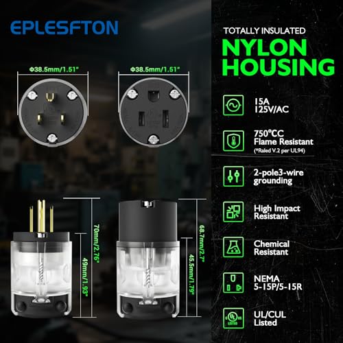 EPLESFTON 5 Set Lighted Extension Cord Ends 15A 125V NEMA 5-15P & 5-15R Male & Female Repair Kit