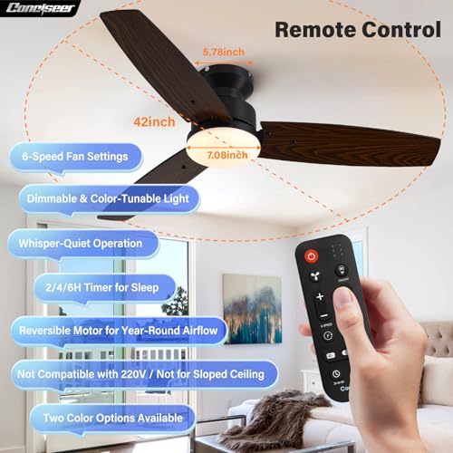 Conciseer 42 Inch Black Ceiling Fan with Lights and Remote, Flush Mount