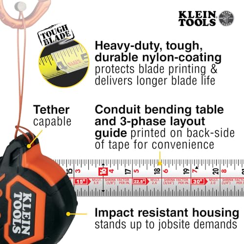 Klein Tools 9225 Heavy-Duty 25-Foot Tape Measure with Double Hook & Nylon Coated Blade