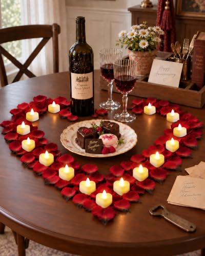 Amagic Romantic Rose Petals & Heart LED Tea Lights Kit for Proposals & Weddings - 1000 Red-Black Petals + 12 White Candles