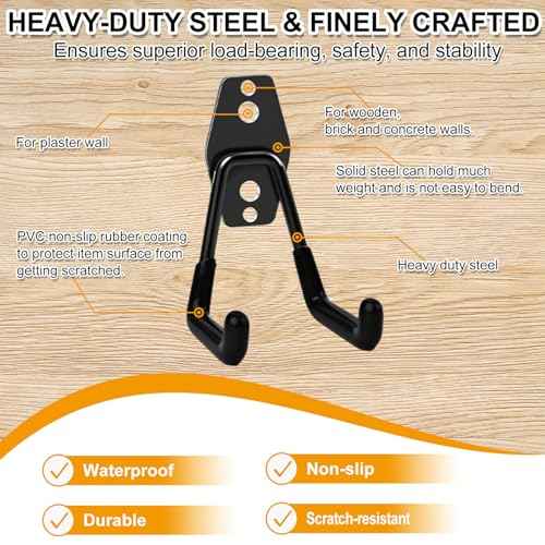 REMIAWY Garage Hooks Heavy Duty, Steel Utility Garage Storage Hook 6 Pack, Wall Mount Double Tool Hangers with Anti-Slip Coating for Hanging and Organizing Ladder Bike, Garden Tools, Bulk Items