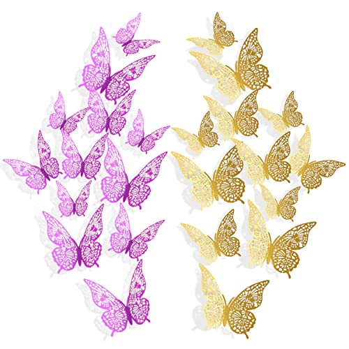 3D Purple Gold Butterfly Wall Stickers, 24 PCS 3 Sizes Butterfly Wall Decals, Removable Metallic Gold Wall Sticker Room Mural for Paper Art Party Cupcake Kids Bedroom Classroom Wedding Balloon Decors